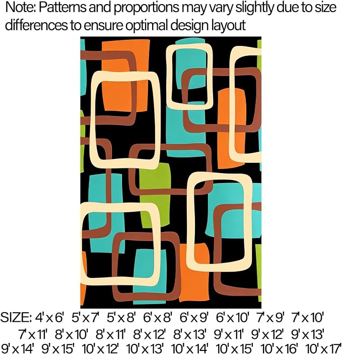 Mid Century Modern Rug, Colorful Abstract Geometric Area Rug, Retro Atomic Starburst Rugs, Washable Non-Slip Soft Low Pile 1950s Carpet for Living Room, Bedroom (4' x 6'(Rectangular))
