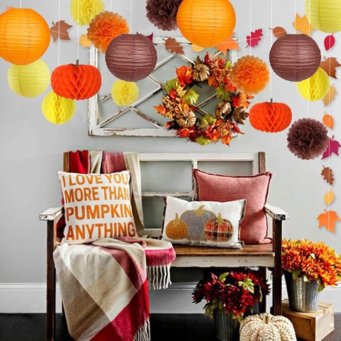 Thanksgiving Party Decorations Supplies Kit Hanging Paper Lantern Tissue Honeycomb Ball Pom Poms Flowers Pumpkins Maple Leaf Garland for Fall Birthday Baby Showers Home Decor Indoor Outdoor