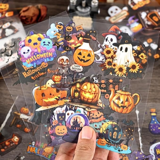 Dwpetzo Transparent Halloween Scrapbook Stickers Book, 20 Sheets Diecut PET Stickers for Journaling, Purple Vintage Spooky Theme for Scrapbooking, Junk Journal Supplies, Planner, Bujo, Crafts Arts