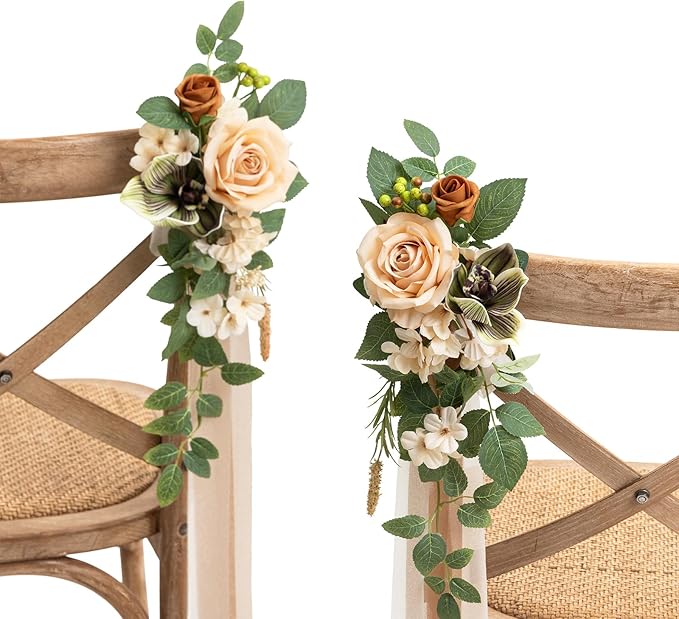 Ling's moment 8 Wedding Artificial Aisle Pew Flowers Chair Decorations Arrangements with Chiffon Ribbons Apricot Sage for Ceremony Reception Chair Back Floral Decor Reception Church Party Outdoor