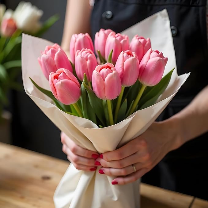 uxcell 20pcs Tulips Artificial Flowers, Faux Flowers Silk Fake Tulip Stems Real Touch for Wedding Bouquet Centerpiece Table Party Decoration(Light Peach Pink)