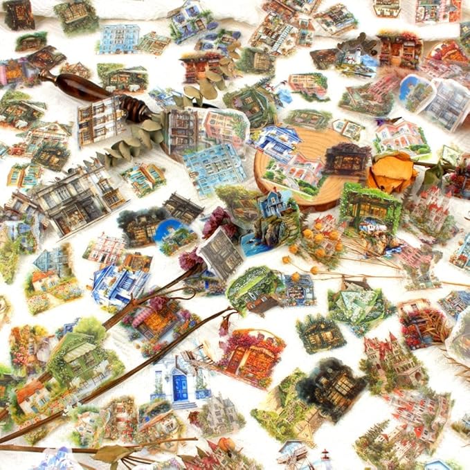 Dwpetzo 6 Pack 180Pcs Nature Scenery Tree House Cottage Castle Manor Scene Stickers for Journaling, Transparent PET Stickers for Scrapbooking, Junk Journal Supplies, Bujo, Collage