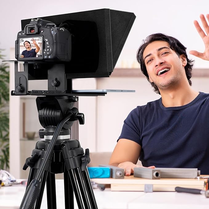12" Professional Teleprompter Featuring Tempered Optical Glass, Durable All-Metal Build, Remote Control, and Dedicated App — Compatible with Various Smartphones, Tablets, and Cameras