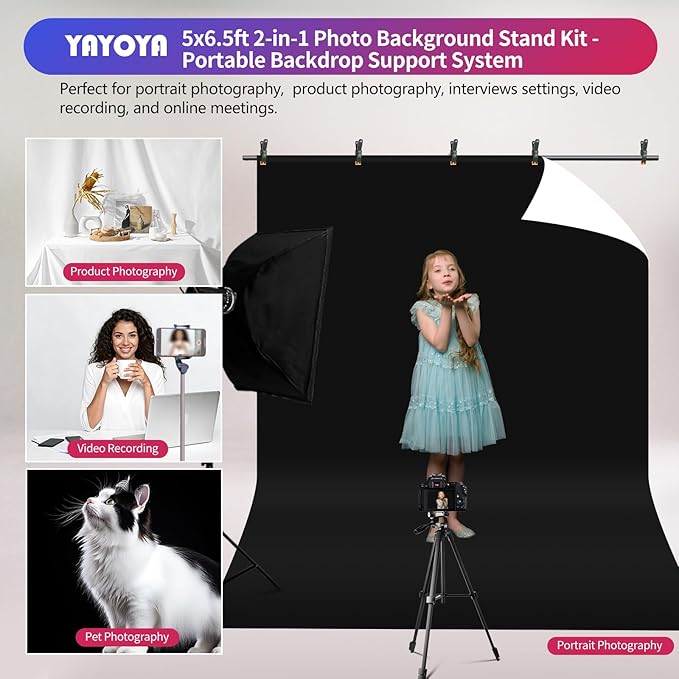 Black White Backdrop Screen with Stand Kit 5x6.5ft for Photo Video Studio, 2-in-1 Revisible Black Backdrop White Screen with T-Shaped Photography Background Support Stand and 5 Clamps