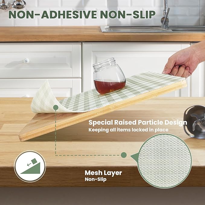 Drawer Liner and Shelf Liner for Kitchen Cabinet Liner Non-Adhesive Non-Slip Shelf Paper, Thick Strong Grip Waterproof Easy to Clean for Shelves, Cupboard, Desks, Green Plaid Pattern, 17.5 in x 20 FT