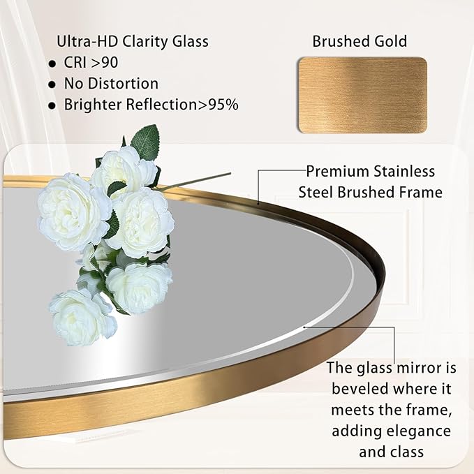 POZINO Beveled Oval Mirror, 28"x48" Brushed Gold Bathroom Mirror with Stainless Steel Frame, Modern Accent Wall Mirrors for Entryway Bedroom Hallway Living Room, Hangs Vertically or Horizontally
