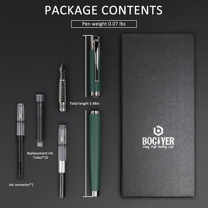BOCIYER Luxury Fountain Pen Set,Ink Pen for Smooth Writing,Medium Nib,Includes 10 Ink Cartridges&Ink Converter,Best Pen Gift Case for Men & Women,fancy,calligraphy,Executive,Office pen-Green