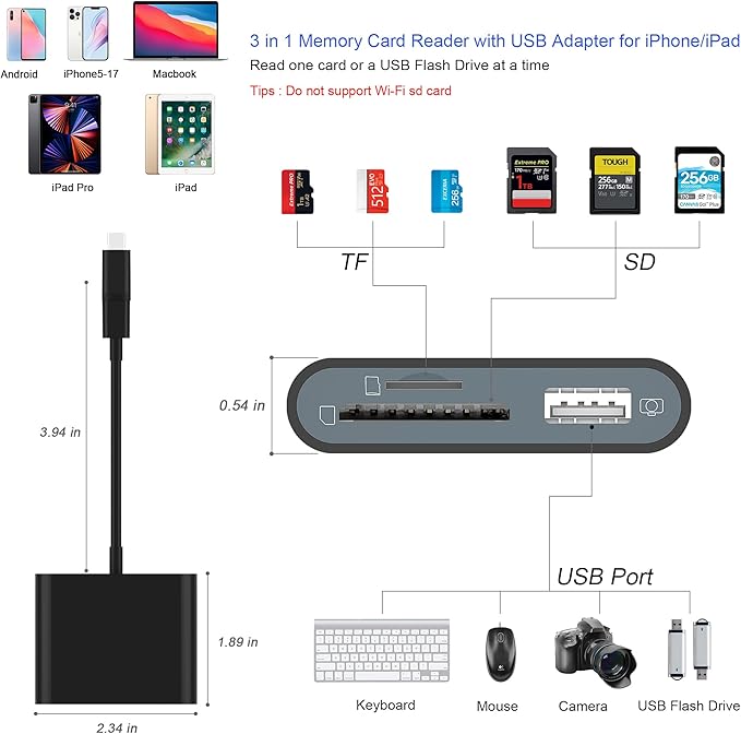 SD Card Reader for iPhone, Memory Card Reader with USB-C to Light-ning Adapter Plug and Play Trail Game Camera Micro SD Card Viewer Support SD/TF Card and USB for iPad No App Required (Black)