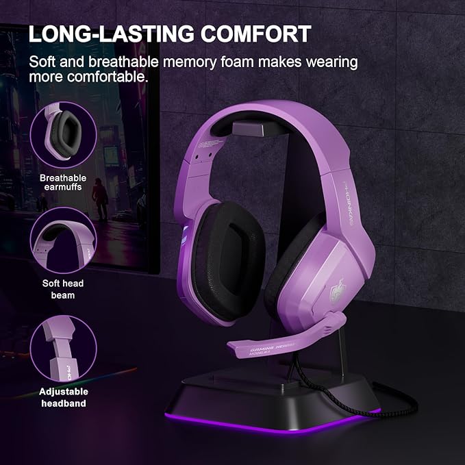 PHOINIKAS Gaming Headset for PS4, PS5, PC, Laptop, Stereo Over Ear Gaming Headphones with Noise-Canceling Mic, Gaming Headsets for XboxOne, Switch, Laptop, Mac, Phone (Purple)