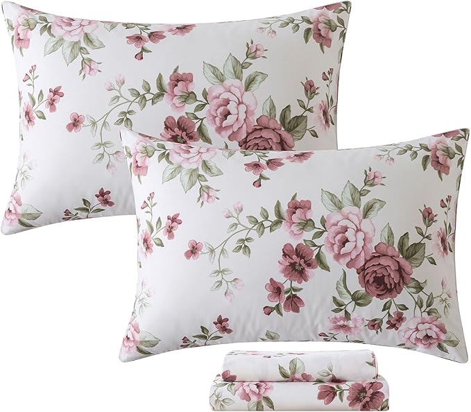 FADFAY Beige Vintage Floral Cal King Size Sheets Set Premium 100% Cotton Shabby Brick Red Rose Pattern Bedding Set Deep Pocket Sheets with 2 Pillowcases Luxury Breathable Soft 4Pcs, Cal King Size