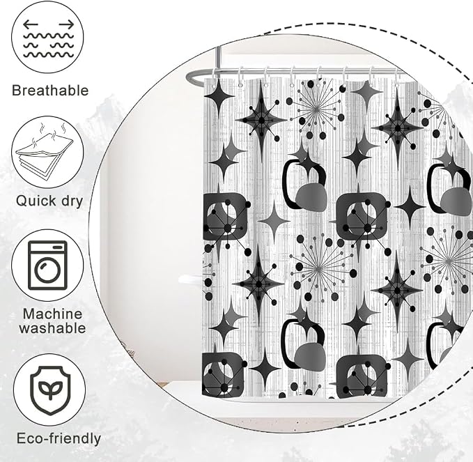 Mid Century Shower Curtain, 48x72inch, Modern Abstract Retro Grey Striped Geometric Shower Curtain Sets 1950s Boho Bathroom Shower Curtain with 8 Hooks
