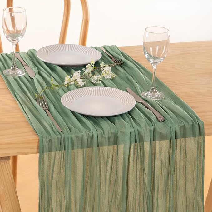 MLMC 3 Pack Sage Green Table Runner 10ft Rustic Boho Cheesecloth Table Runner Cheese Cloth Centerpiece Winter Decor 35x120 Inches for Wedding Bridal Baby Shower Decor