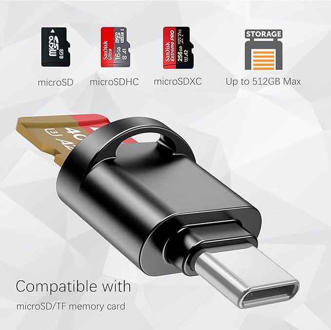 USB C Micro SD Card Reader for Android Phone, Camera, Laptop with Keychain, Mini Metal Type-C Card Reader (Black)