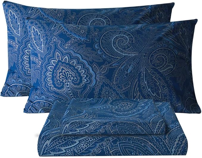 Bedlifes Queen Sheet Set Ultra Soft, Breathable, Silky Flower Deep Pocket 100% Microfiber Bedding, 4 Piece Queen Size Paisley Dark Navy Blue