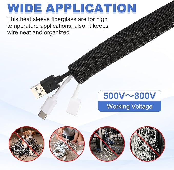 uxcell Insulation Cable Protector,7mm/0.28 Inch-20m/66 Feet High Temp Fiberglass Sleeve Black