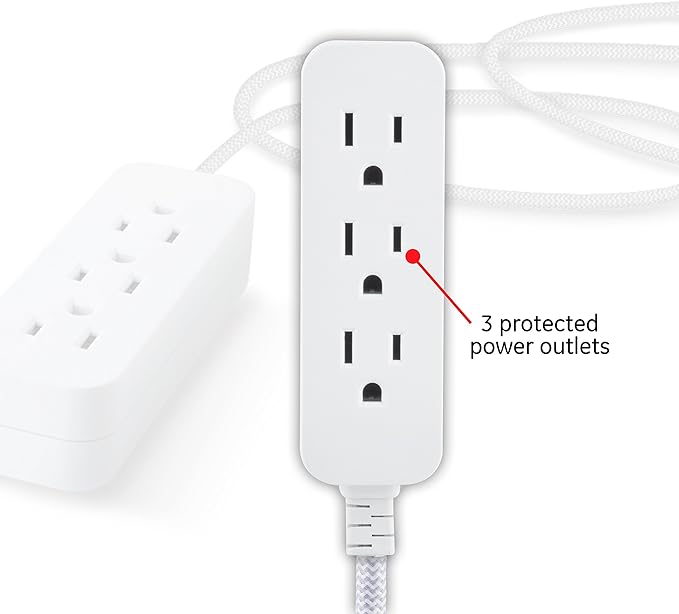 GE 3-Outlet Power Strip Surge Protector 15 Ft Braided Extension Cord with Multiple Outlets Grounded Flat Plug UL Listed White 40530
