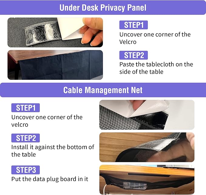 14.9 x 60 Inch Under Desk Privacy Panel with Table Cable Management Net Desk Skirt Modesty Desk Panel Self-Gripping Straps for Office and Home
