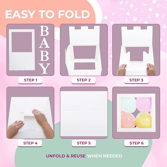 Baby Shower Boxes with Letters – White Boxes with Pastel Pink, Blue, Yellow, and Green Balloons – 44-Piece Gender Reveal & Party Decoration Set by Vellax