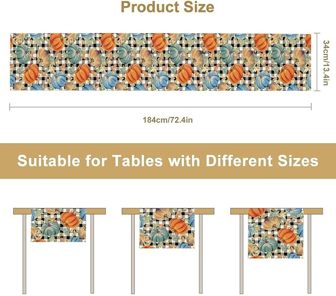 Fall Pumpkin Table Runner Black White Plaid Maple Leaves Watercolor Illustration Rustic Thanksgiving Home Decor for Farmhouse Indoor Outdoor Party Holiday Dining Kitchen Restaurant Cafe W13xL72in