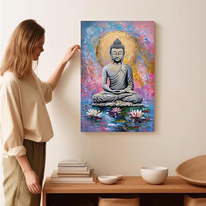Lotus and golden Buddha meditation tranquil zen wall art mindfulness wall art for spiritual harmony and tranquility decor 16x24in Frameless