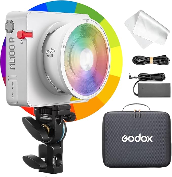 Godox ML100R 110W RGB LED Video Light, with Interchangeable 15° Reflector/1800-10000K CCT/14 Cinematic FX Effects/Multiple Power Options/Supports App Control,for Filming/Live Streaming etc.