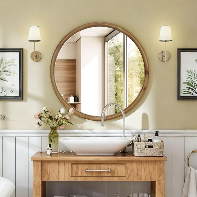 27.56" Round Wood Framed Wall Mirror, Natural Wooden Circle Mirror for Bathroom Entryway Living Room, Mid-Century Modern Decorative Mirror