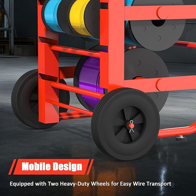 Tredre Red Wire Spool Rack with Wheels, Heavy Duty Cable Holder with 11 Rods – Mobile Multi-Spool Wire Rack Dispenser with Wheels and Storage Box for Efficient Workplace Cable Management