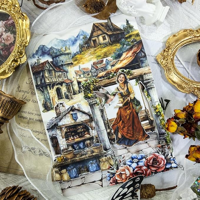 Dwpetzo Medieval European Theme Precut Journaling Sticker Book, Vintage Collage Stickers Ephemera for Junk Journals Supplies, Scrapbooking, Scrap Book, Assorted PET Washi Paper Materials, 20 Sheets