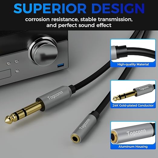 Togconn 6.35mm to 3.5mm Stereo Audio Cable Adapter 2 Feet, 6.35mm 1/4 Inch TRS Male to 3.5mm 1/8 Inch Female Stereo Audio Converter Connector for Phone, Laptop, Headphone, Amplifier, Guitar, Speaker