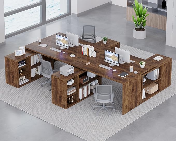 HSH Rustic L Desk with Storage Shelves, L Shaped Computer Desk with Open Storage Cabinet, Vintage Reversible Corner Home Office Desk for Living Room, Office, Rustic Brown 55 in