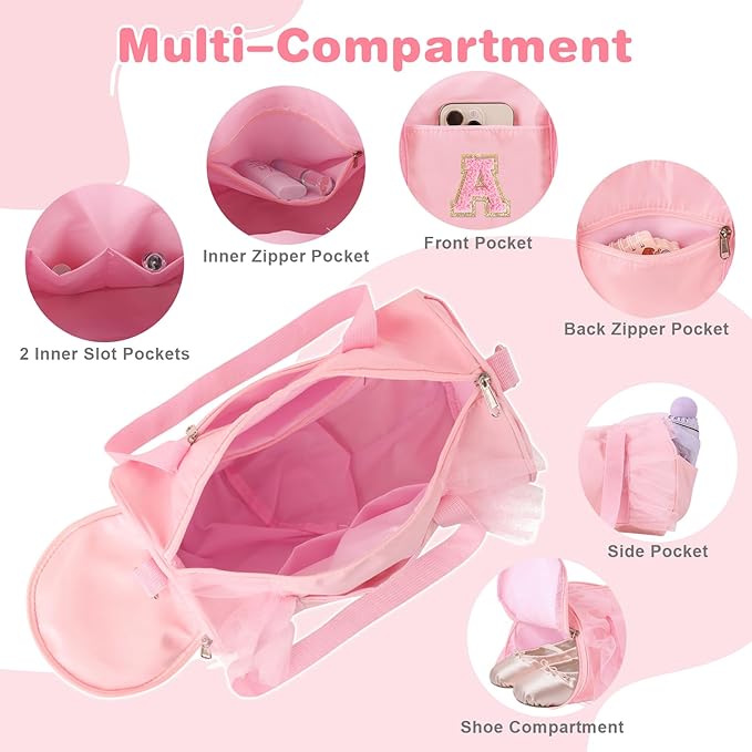 Personalized Initial Dance Bag for Girls 6-9, Medium Lace Gym Sport Yoga Cheer Dance Bags Gift for Teen Girls, Cute Letter Kids Ballet Bag Toddler Travel Duffel Tote with Adjustable Straps(Pink-A)