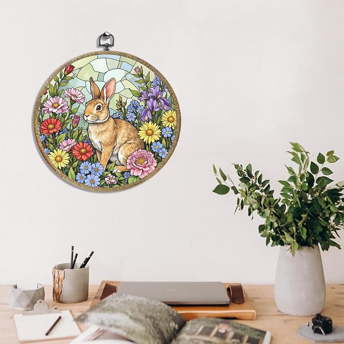 Cute Flower Rabbit Bunny Lovers Gift Garden Decor Framed Round Wall Decor Canvas Wall Art Hanging Prints Artwork for Home Porch Bedroom Housewarming Birthday Christmas Party 10.2X10.2 Inch