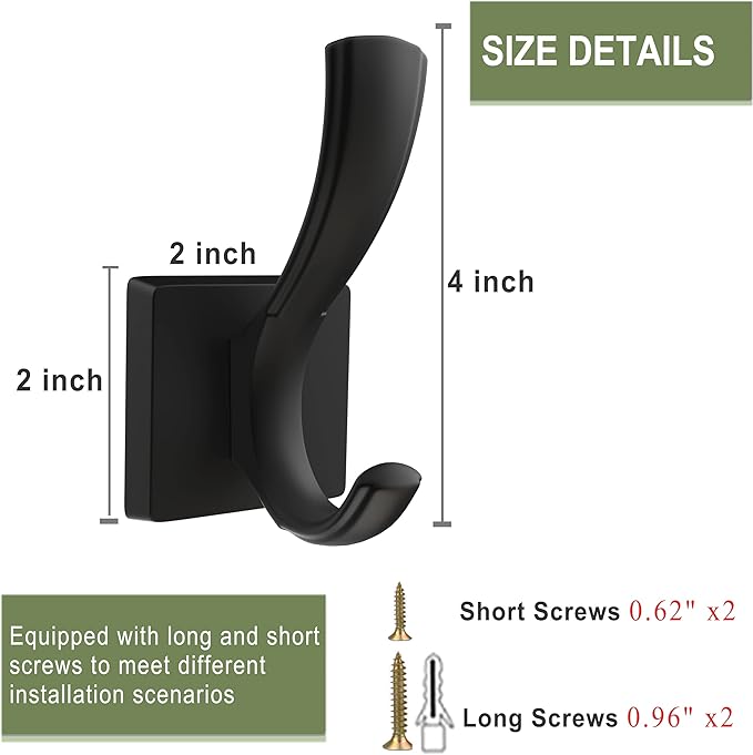 TOFIIGREM Black Hooks for Wall Towel Hooks, Heavy Duty Thick Aluminum Alloy Entryway Coat Hooks for Hanging Key Robe Hat Backpack, Wall Mount Towel Hooks Bath Kitchen Garage Hooks(4 Pack, Black)