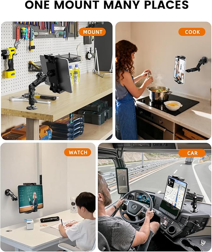 OHLPRO Heavy Duty Drill Base Tablet Holder for Car Dashboard, 360° Rotating Adjustable Arm, iPad Mount for Truck Fits 5–17 Inch Tablets, Secure Rubber-Padded Clamp for Commercial Vehicles & Wall