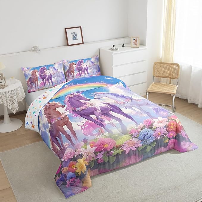 Castle Fairy Dreamy Unicorn Comforter Set King Size,Rainbow Blue Sky Colorful Flowers Reversible Bedding Set All Season Quilt Set,Cartoon Animal Floral Galaxy Microfiber Polyester Down Comforter