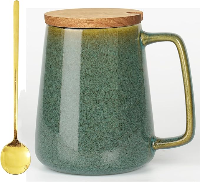HYTYSKAR 24 OZ Extra Large Ceramic Coffee Mug, with Spoon and Wooden Lid, Big Tea Cups with a Large Handle for Office and Home, Microwave and Dishwasher Safe (24 oz Green Set)