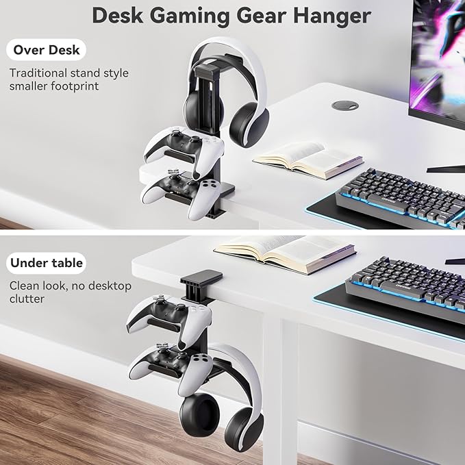 Controller Holder & Headphone Stand Under Desk with Adjustable Clamp, Controller Stand & Headset hanger for Desk Mount with 360° Rotating Hook & Cable Organizer 3-in-1 Game Organizer, PC Game Headsets