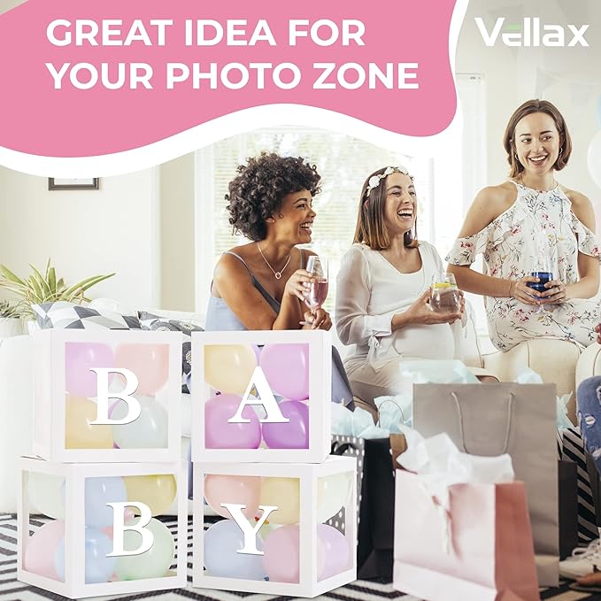 Baby Shower Boxes with Letters – White Boxes with Pastel Pink, Blue, Yellow, and Green Balloons – 44-Piece Gender Reveal & Party Decoration Set by Vellax