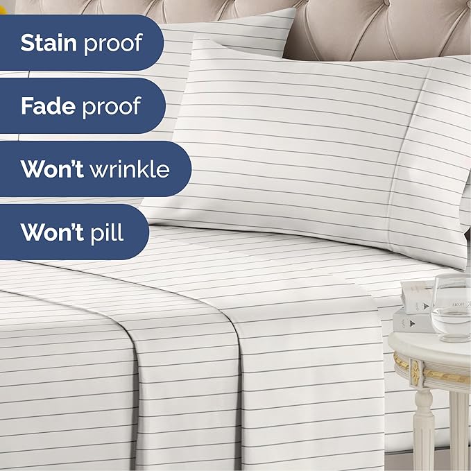 Striped Sheets - Beige & White Striped Sheets - 1 Flat & 1 Fitted & 1 Pillowcase w/ Deep Pockets – Wrinkle & Fade Resistant - Soft, Breathable & Cooling – Luxury Pinstripe Bedding - Twin Size Bed Set