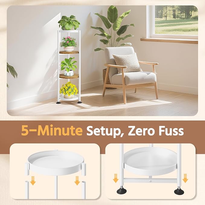 LASZOLA 4 Tier White Plant Stand Indoor for Large Tall Heavy Duty Flower Planter, Metal Vertical Multi Level Rack for Narrow Floor Corner, Sturdy Round Holder Organizer, Modern, Mid Century, Farmhouse