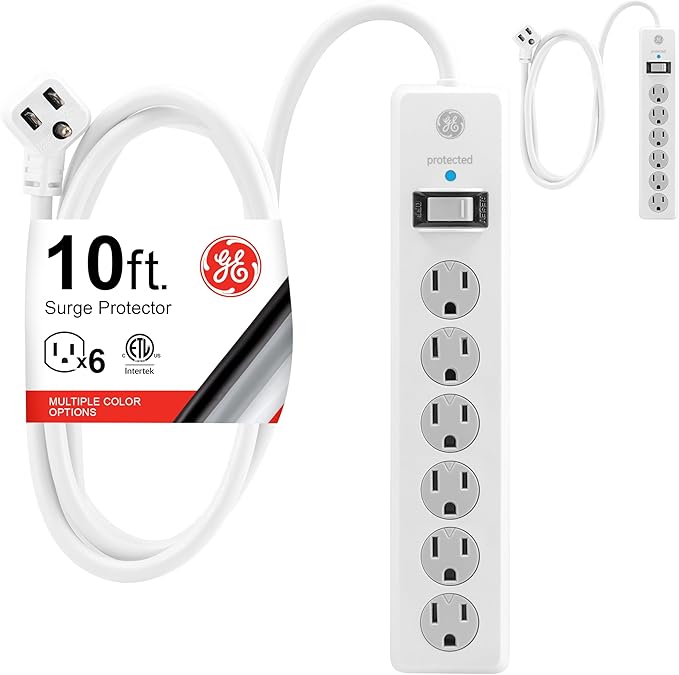 GE Surge Protector Power Strip, 10 Ft Extension Cord, 6 Outlet Extender, 800 Joules, Flat Plug, Twist-to-Close Safety Covers, ETL Listed, White, 2 Pack, 46864