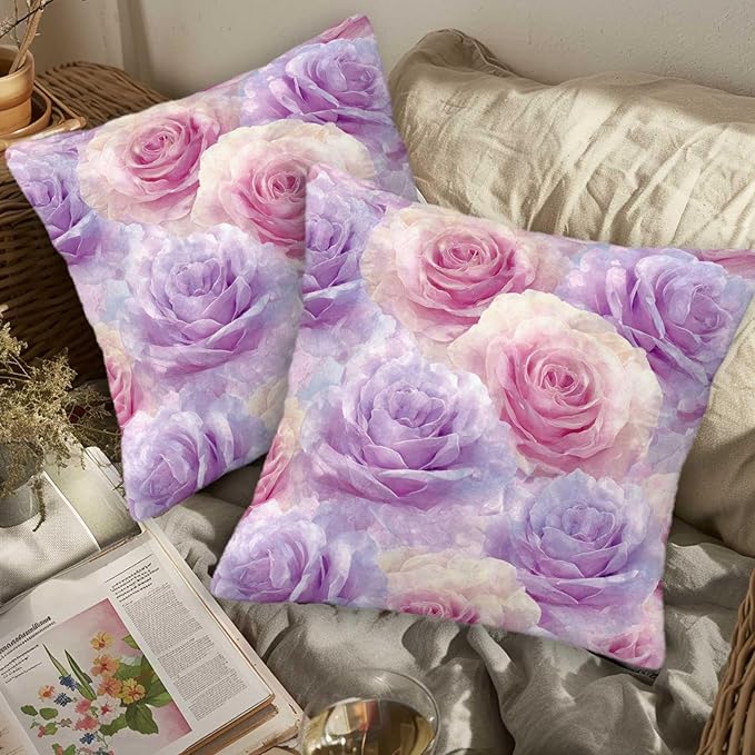 Rose Throw Pillow Covers Set of 2 | 18x18 Inches Cushion Cases for Couch, Sofa, Bedroom and Living Room | Romantic Floral Pillowcases for Home Decoration