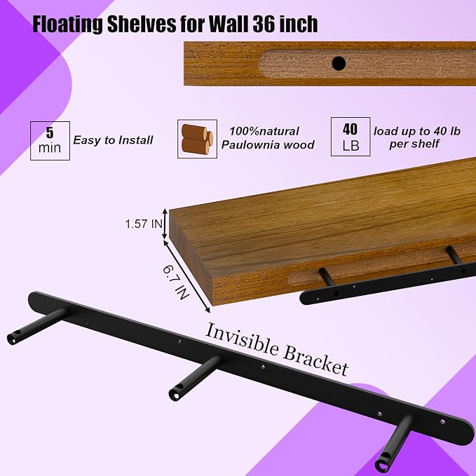 IAE Walnut Floating Wall Shelves 36 inch, Bathroom Shelf Wall Mounted,Invisible Shelving Floating Kitchen Shelf,Wooden wall Shelves with Brackets for Living Room wall Mounted,Easy Install,Set of 2