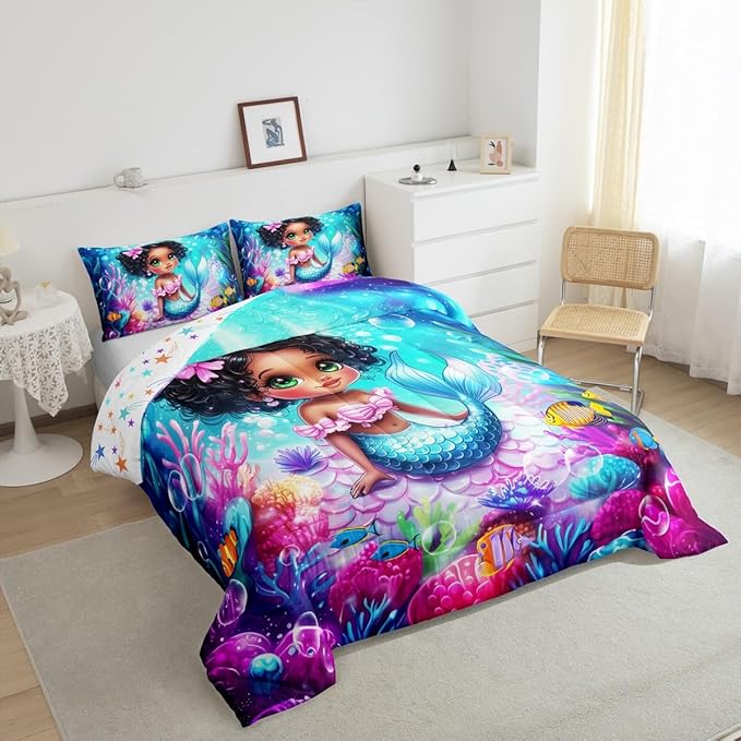 Cute Mermaid Full Size Comforter Set,Reversible Cute Girl Fish Scale Print Black Bedding Comforters Bedroom Collection,African Style Cartoon Fairy Tale Theme Bedding Set for Girls Teens