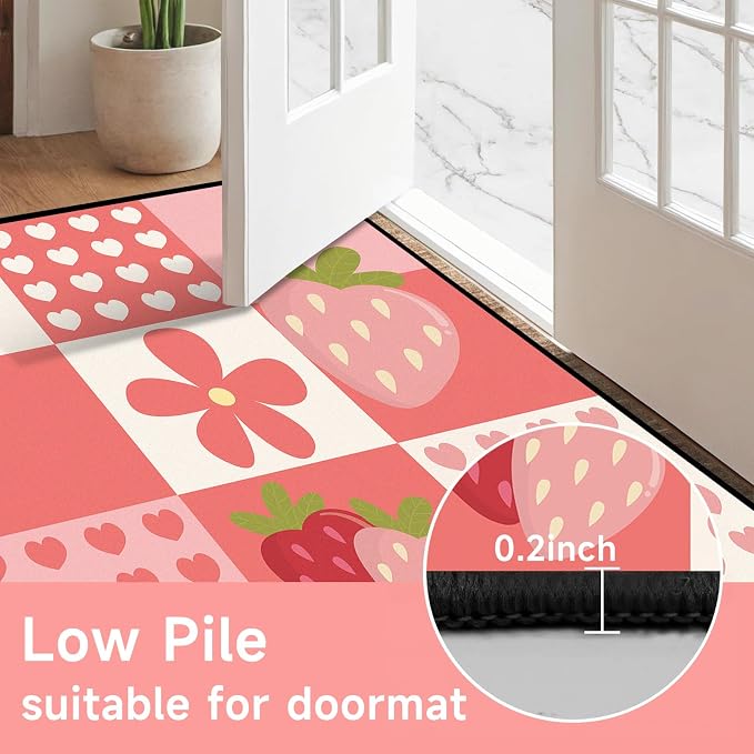 Strawberry Checkered Rug Cute Red Area Rug Love Flower Washable Carpet for Bedroom Living Room Nursery Kitchen Playroom Home Decor Soft Non Slip Floor Mat，5'x7'