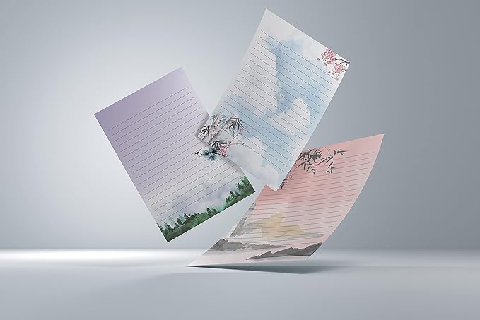 Better Office Products Mini Stationery Set of 100, Japanese Stationery Paper (50 Lined Sheets + 50 Matching Envelopes), 5.5 x 8.25 inch, 9 Designs, Double Sided Printing, One Side Lined Paper,