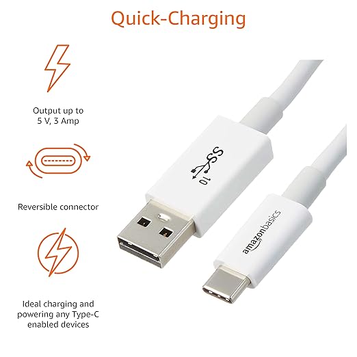 Amazon Basics USB-C to USB-A 3.1 Gen 2 High-Speed Charging Cable, 10Gbps, USB-IF Certified, for Apple iPhone 16/15, iPad, Samsung Galaxy, Tablets, Laptops, 3 Foot, White