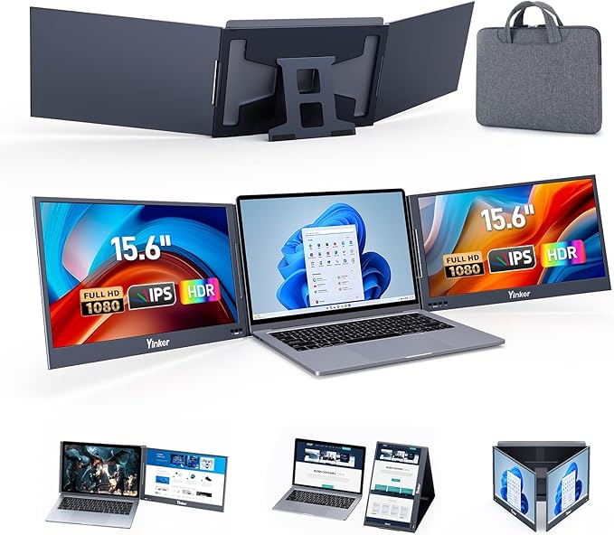 Yinker Laptop Screen Extender, 15.6" Triple Portable Monitor, Ultra-Slim 1080P FHD IPS, 360° Rotation, USB-C Plug&Play Single, Compatible with Mac/Windows/Android/PS4 for 11-17" Laptops