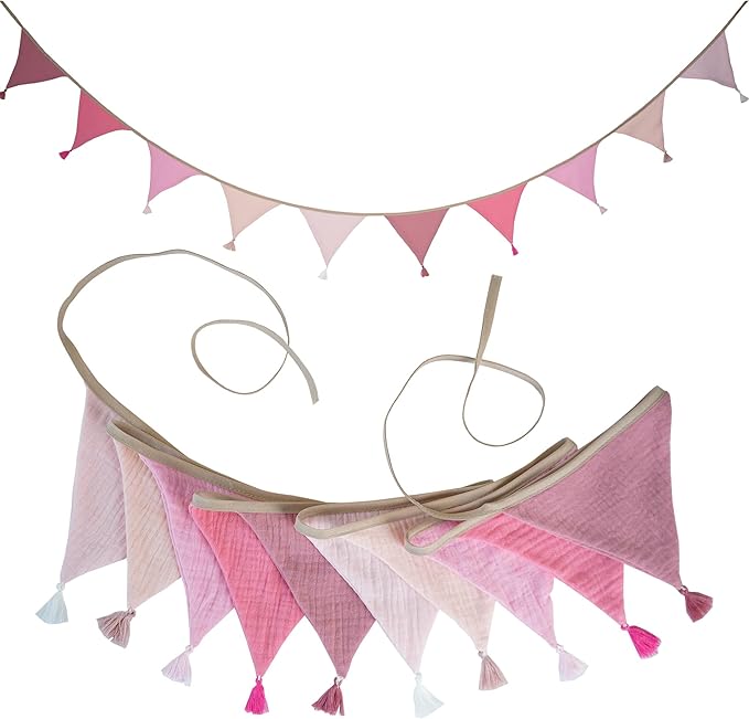 Fabric Bunting Banner, 2 Pack Handmade Neutral String Banner with Tassel Each 8.5 ft 10 Flags Nursery Wall Hanging Wedding Birthday Home Baby Shower Party Decoration Bunting (Pink 2 Packs)
