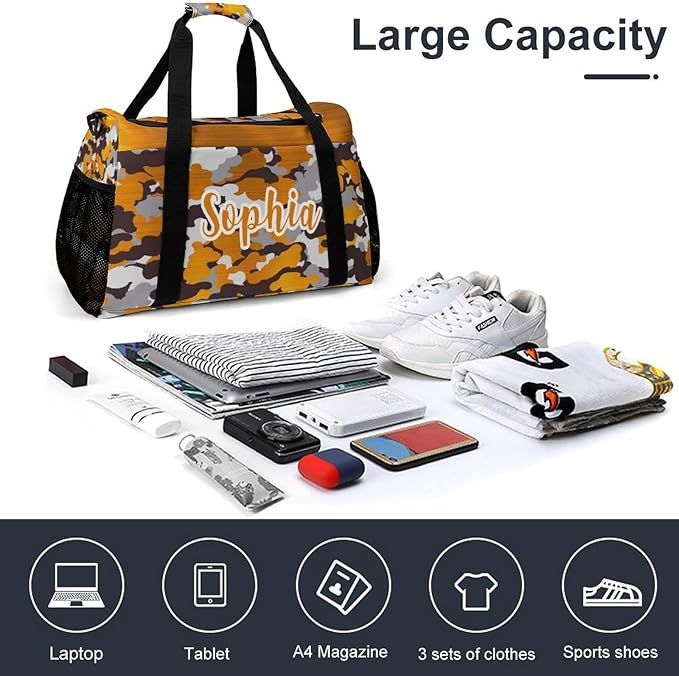 Waterproof Gym Bags Custom Orange Yellow Brown Camouflage Camo Duffel Bag with Name Adjustable Shoulder Strap Travel Bag for Teens Training Bag